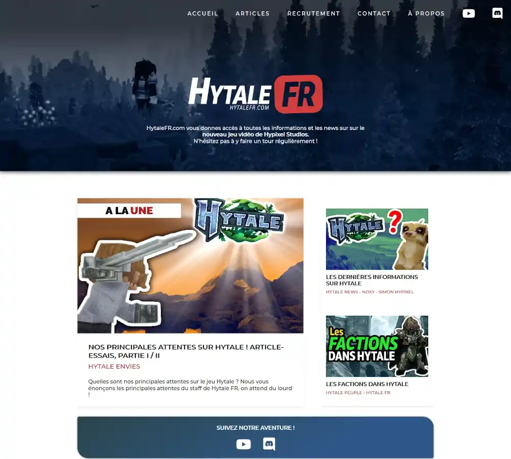 Image du projet HytaleFR - Site web de la communauté francophone HytaleFR pour le jeu Hytale. Développement complet de la plate...